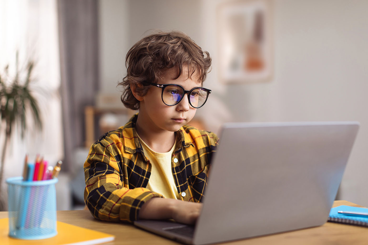 Junge mit Brille, der am LOOKING-Training am Laptop teilnimmt