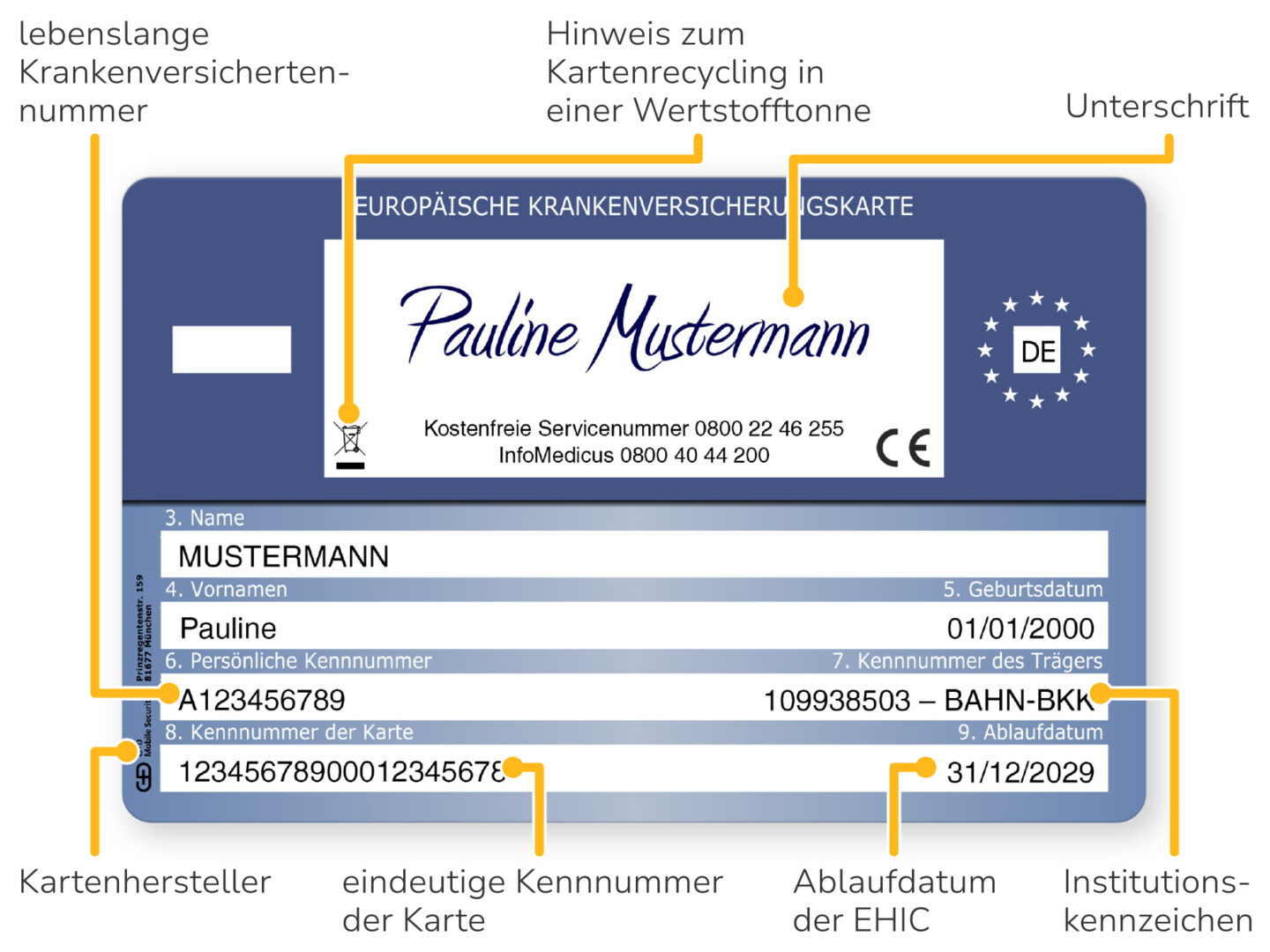 Die Rückseite der Gesundheitskarte (EHIC) mit Beschreibung der einzelnen Elemente.